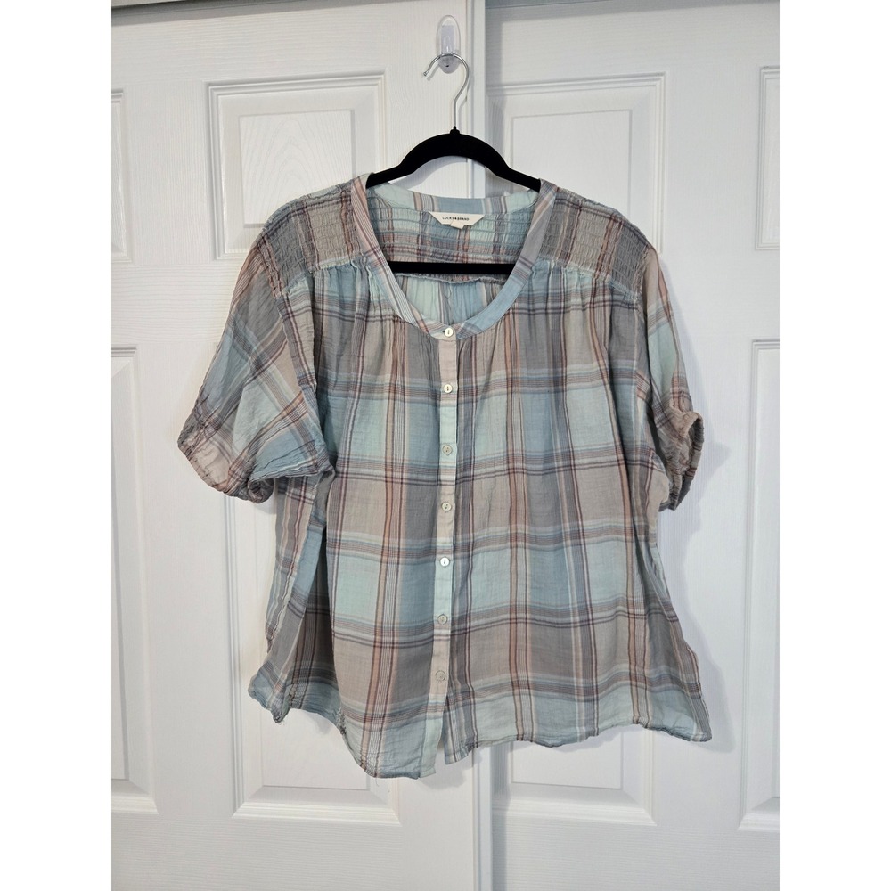 Lucky Brand Womens XL Blue Plaid Smocked Short Sleeve Button Up Blouse Top